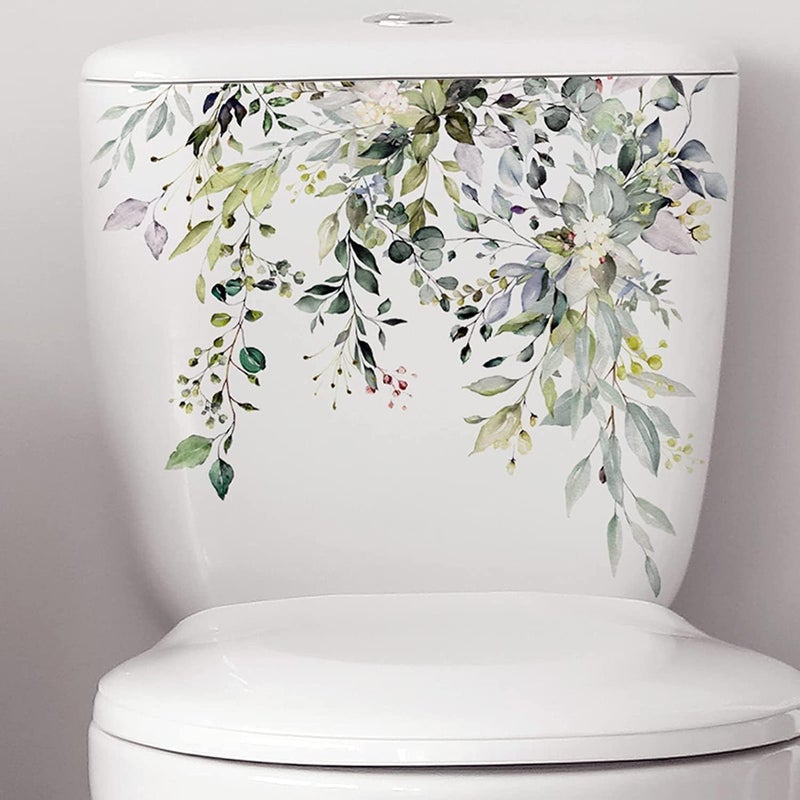 Katartizo Green Plant Leaves Flowers Toilet Seat Lid Stickers Self-Adhesive Bathroom Wall Stickers Green Leaf Floral Toilet Lid Decals DIY Removable Waterproof Toilet Sticker for Bathroom Cistern Decor - Image 1